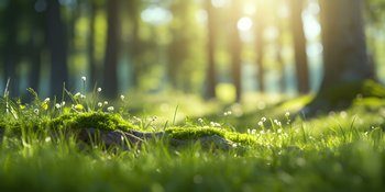Lichtdurchflutete grüne Wiese mit Moos und kleinen Blüten